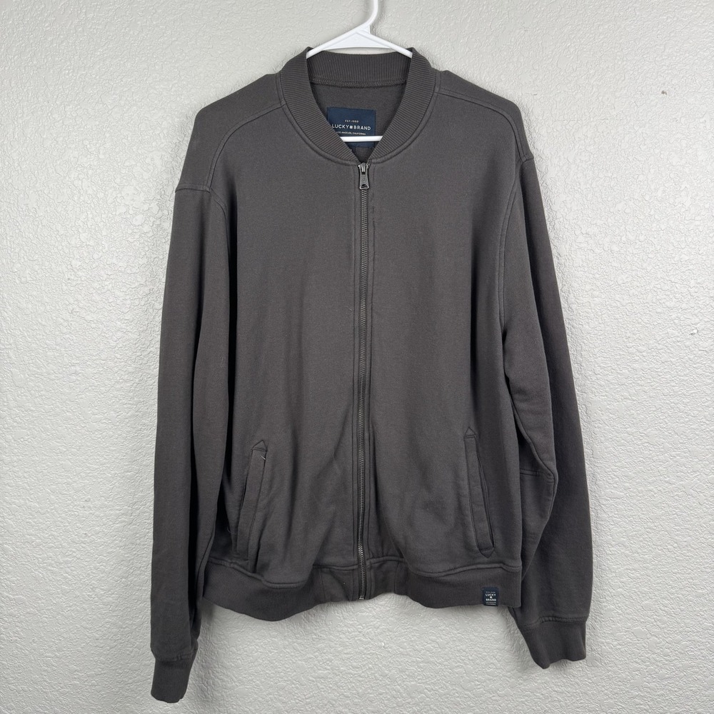Lucky Brand Sweatshirt Mens Large Gray Full Zip Bomber Collar Pockets Casual